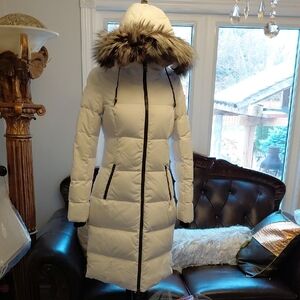 Pajar  With Real Silver Fox Fur Women's Cream Hooded Puffer Coat